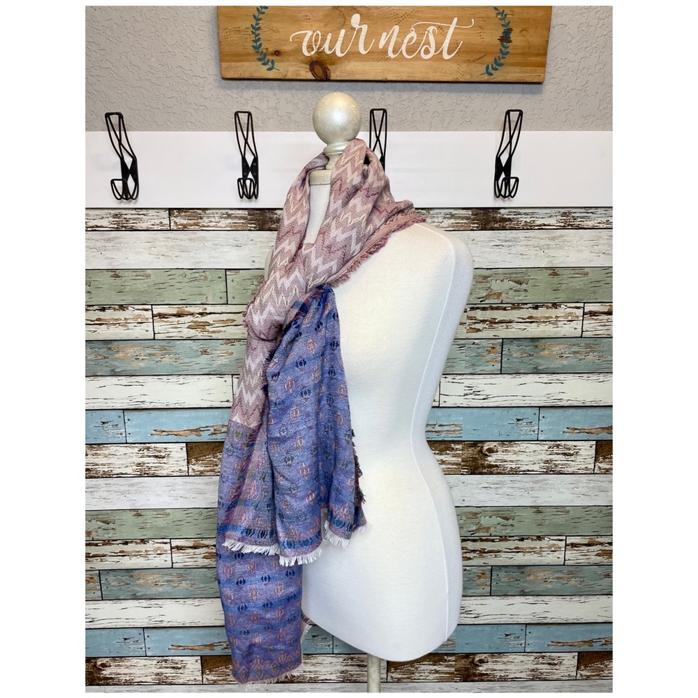 J Jill Quartz Tapestry Fringe Scarf Pink Blue Hues One Size Women's NEW